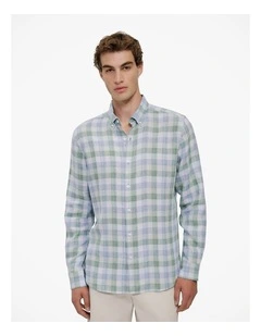 Regular Fit Yarn Dyed Linen Check Shirt in Sage Green