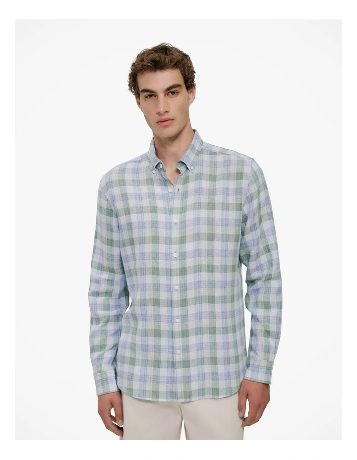 Regular Fit Yarn Dyed Linen Check Shirt in Sage Green image 1