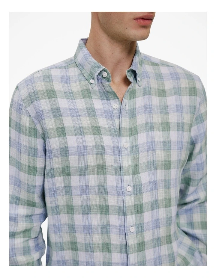 Regular Fit Yarn Dyed Linen Check Shirt in Sage Green image 4