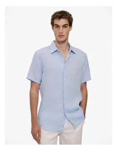 Regular Fit Delave Linen Short Sleeve Shirt in Fresh Blue
