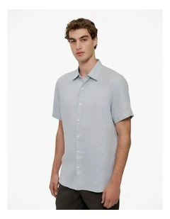 Yarn Dyed Linen Short Sleeve Shirt in Sage Green
