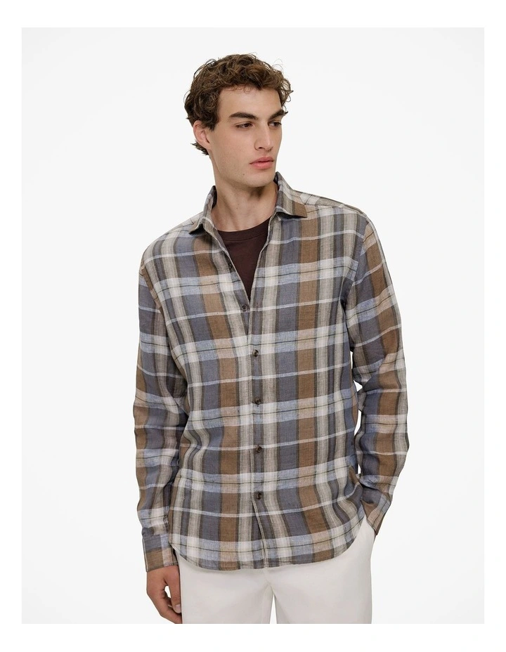 Tailored Fit Delave Linen Check Shirt in Cocoa image 1