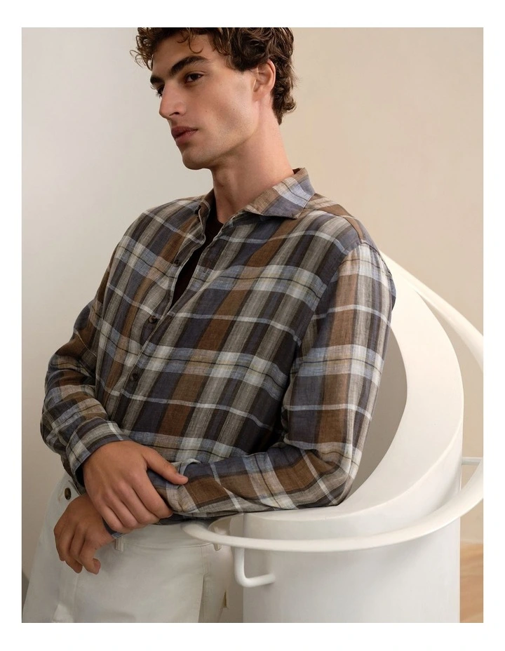 Tailored Fit Delave Linen Check Shirt in Cocoa image 2