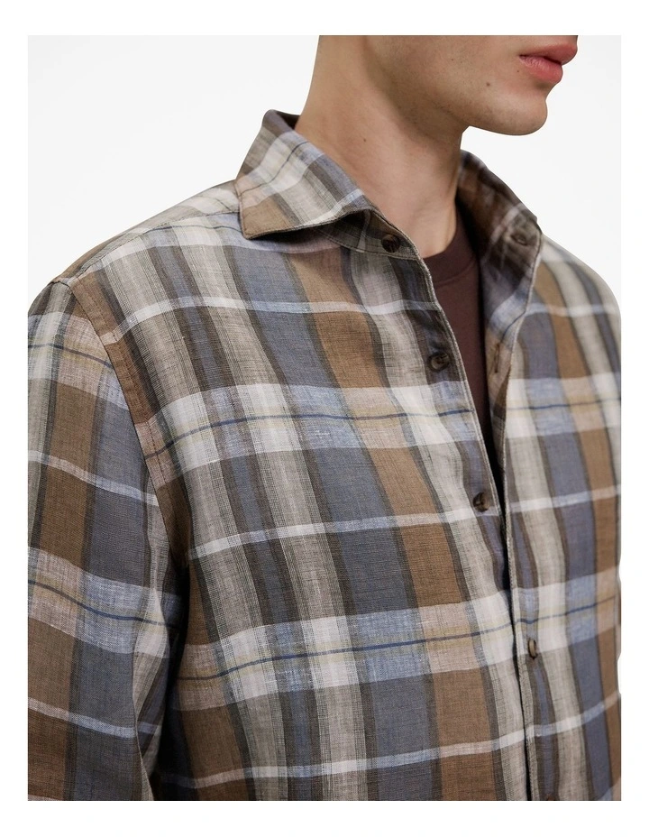 Tailored Fit Delave Linen Check Shirt in Cocoa image 4