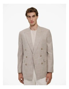 Textured Wool Blend Double Breasted Blazer in Putty