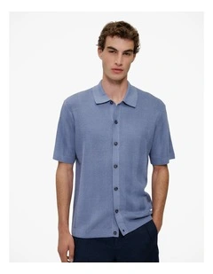 Linen Cotton Herringbone Knit Shirt in Smoke Blue