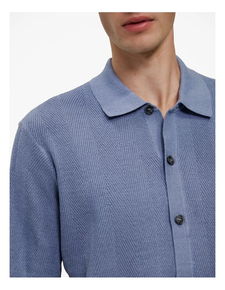 Linen Cotton Herringbone Knit Shirt in Smoke Blue image 3