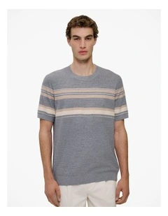 Cotton Linen Stripe Knit T-shirt in Grey Melange