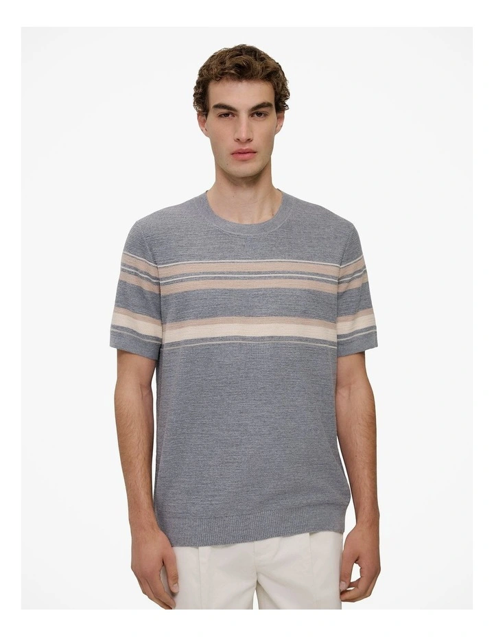 Cotton Linen Stripe Knit T-shirt in Grey Melange image 1