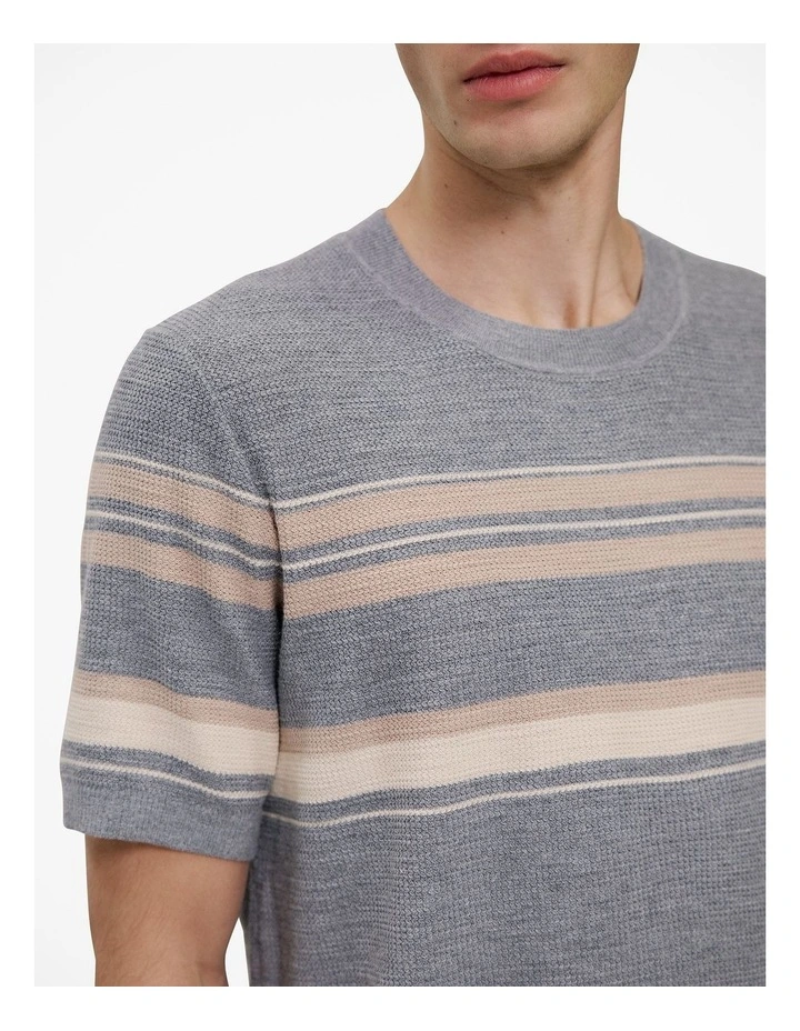 Cotton Linen Stripe Knit T-shirt in Grey Melange image 3