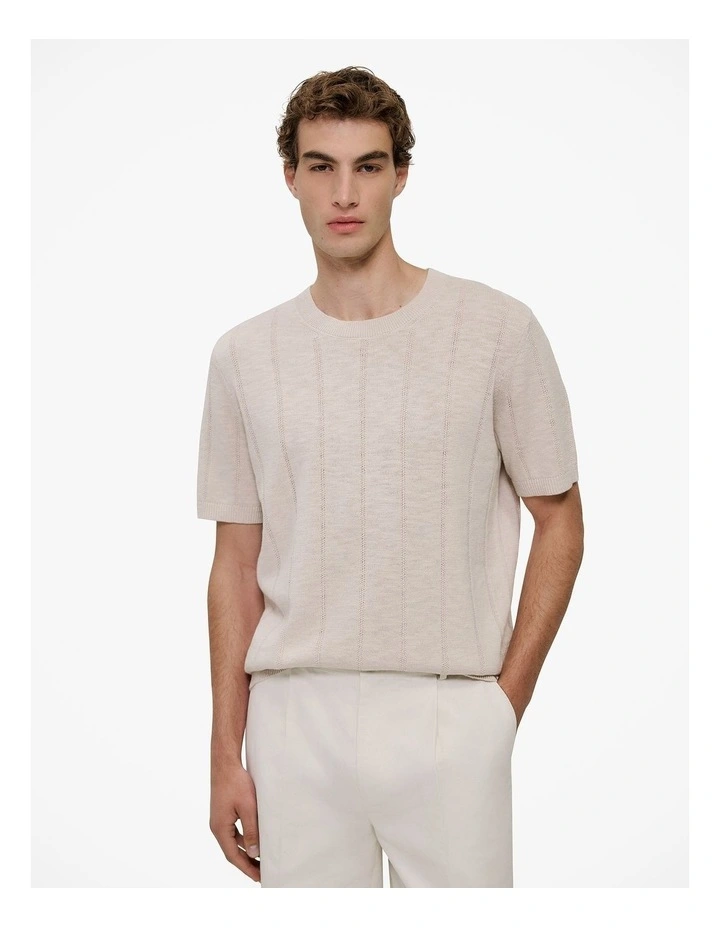 Linen Cotton Slub Knit T-shirt in Stone image 1