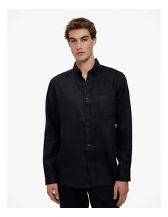 Regular Fit Linen Classic Long Sleeve Shirt in Black