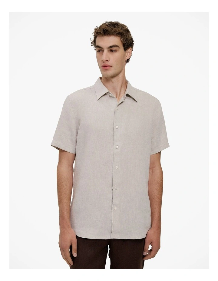 Yarn Dyed Linen Short Sleeve Shirt in Flax image 1