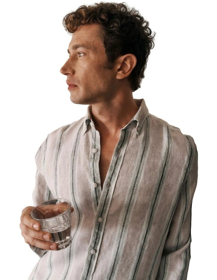 Yarn Dyed Linen Multi Stripe Long Sleeve Shirt image 2