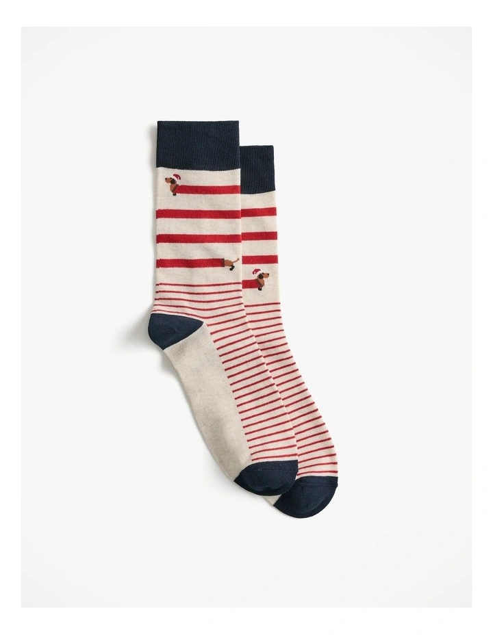 Dachshund Santa Crew Sock in Oatmeal Marle image 1
