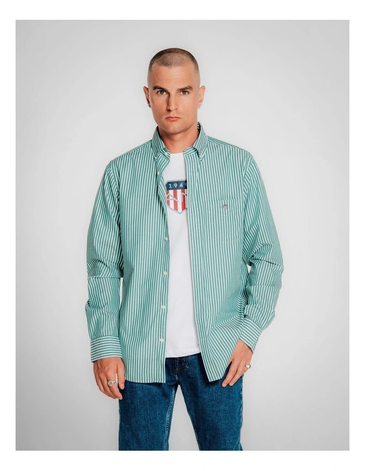 Regular Fit Classic Striped Poplin Shirt in Deep Green image 3