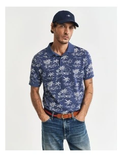 Island Print Polo Shirt in Dusty Navy