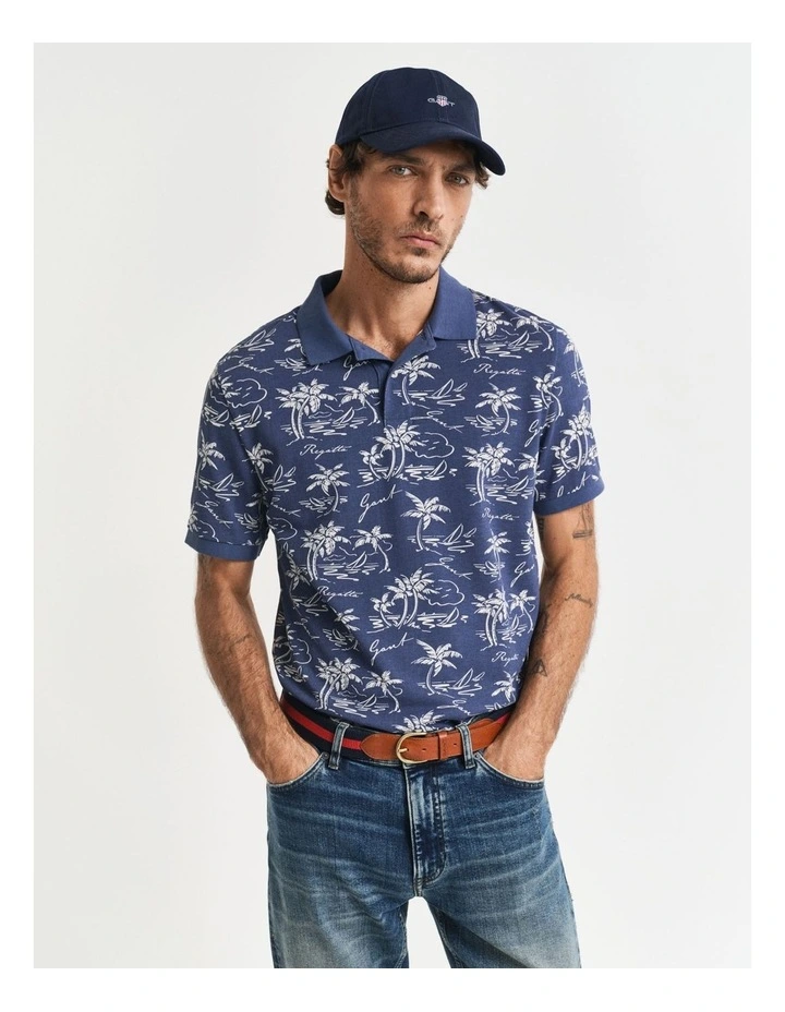 Island Print Polo Shirt in Dusty Navy image 1