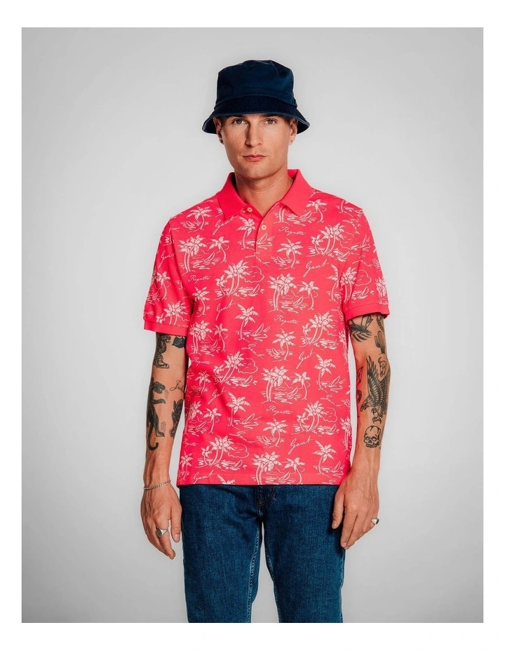 Island Print Polo Shirt in Watermelon Red image 3