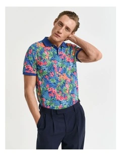 Multicolored Tropical Print Polo Shirt in Deep Cobalt