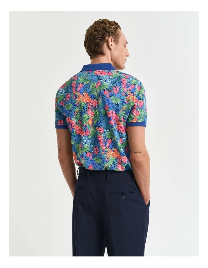 Multicolored Tropical Print Polo Shirt in Deep Cobalt image 2