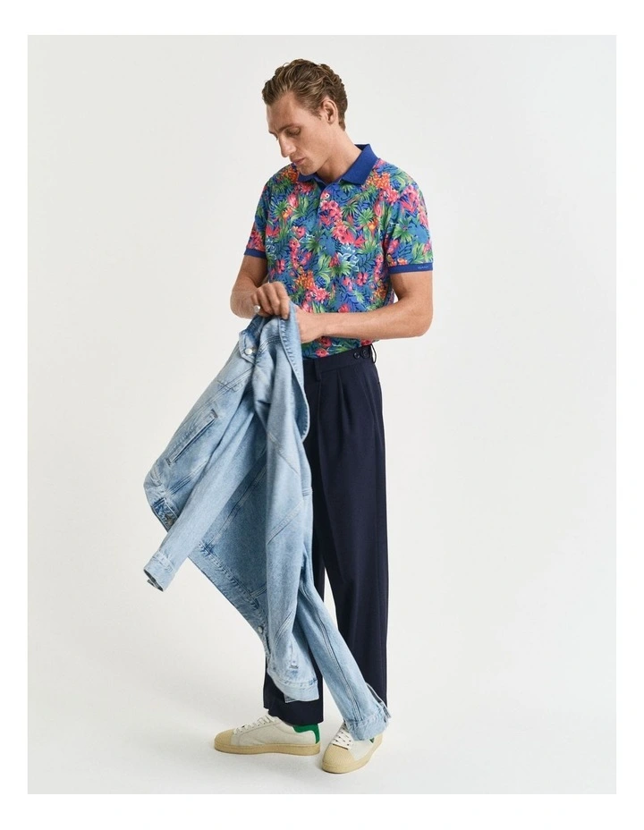 Multicolored Tropical Print Polo Shirt in Deep Cobalt image 3