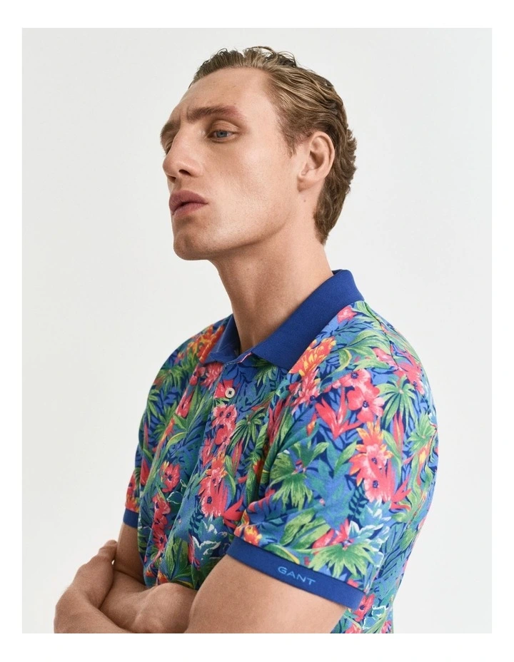 Multicolored Tropical Print Polo Shirt in Deep Cobalt image 4