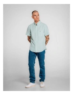 Regular Fit Striped Short Sleeve Seersucker Shirt in Deep Green