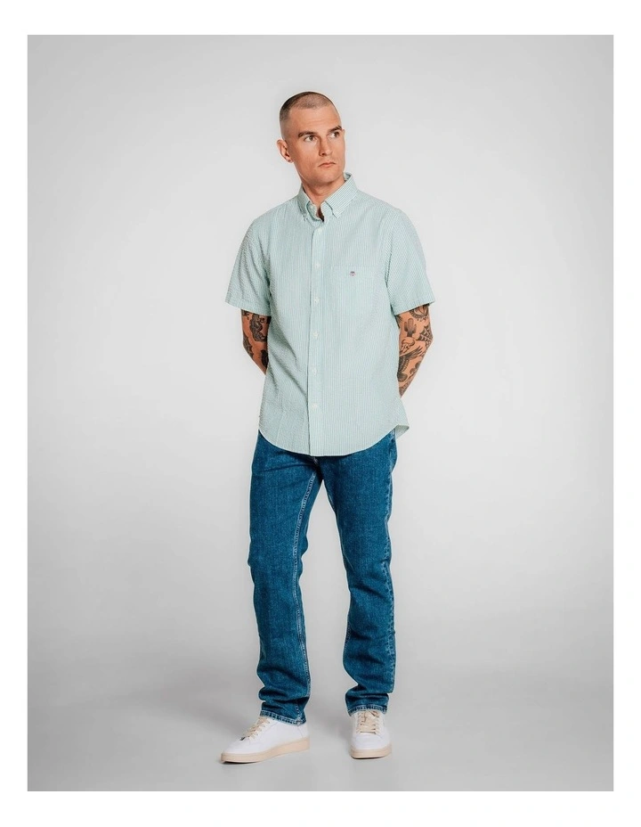Regular Fit Striped Short Sleeve Seersucker Shirt in Deep Green image 1