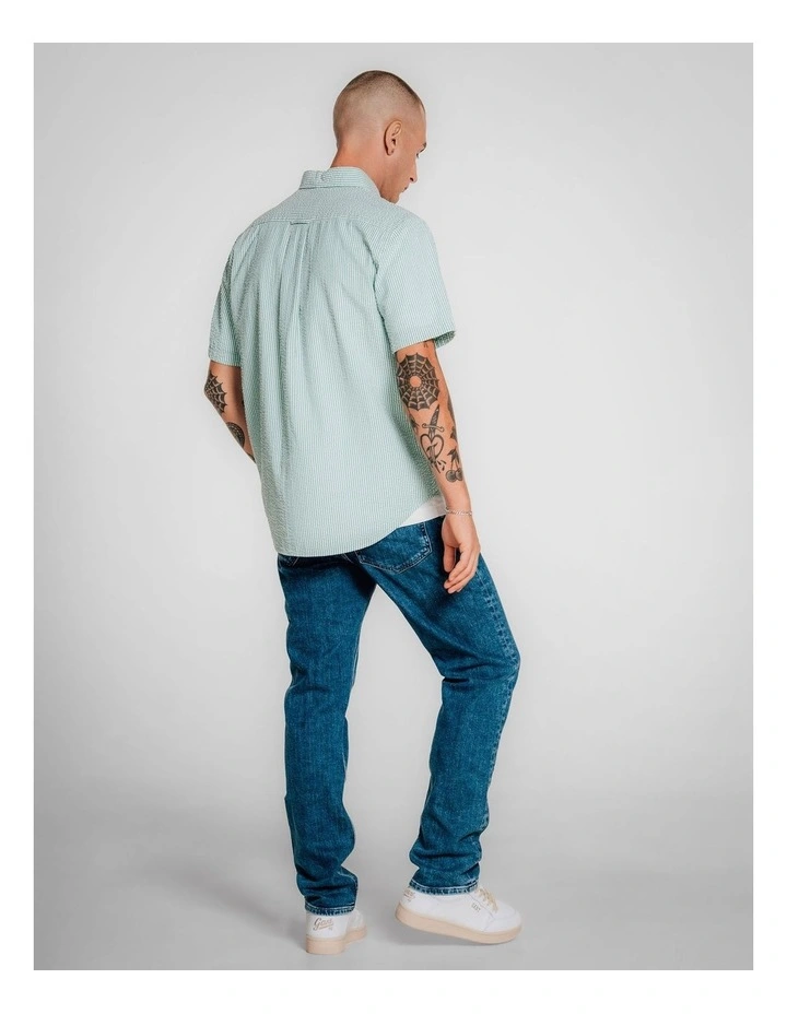 Regular Fit Striped Short Sleeve Seersucker Shirt in Deep Green image 2