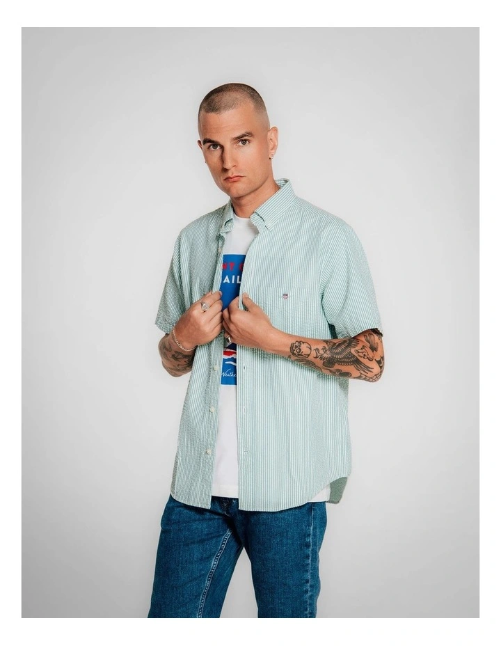 Regular Fit Striped Short Sleeve Seersucker Shirt in Deep Green image 3
