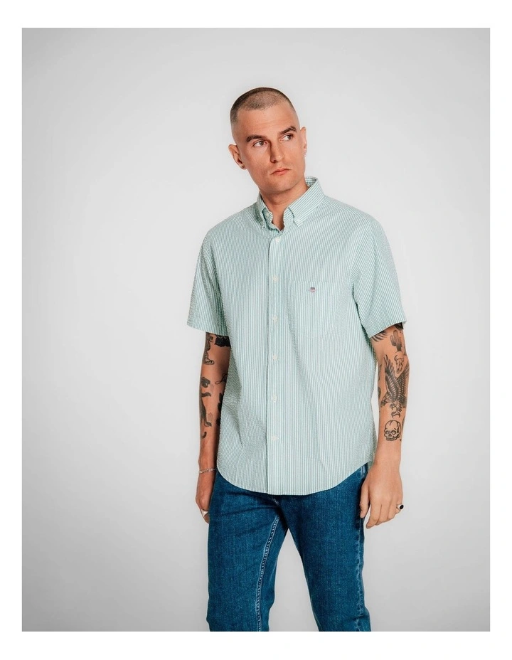 Regular Fit Striped Short Sleeve Seersucker Shirt in Deep Green image 4