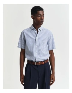 Regular Fit Striped Short Sleeve Seersucker Shirt in Rich Blue