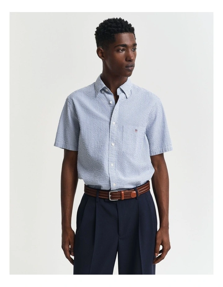 Regular Fit Striped Short Sleeve Seersucker Shirt in Rich Blue image 1