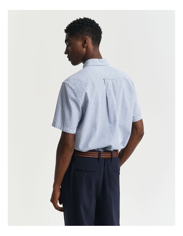 Regular Fit Striped Short Sleeve Seersucker Shirt in Rich Blue image 2