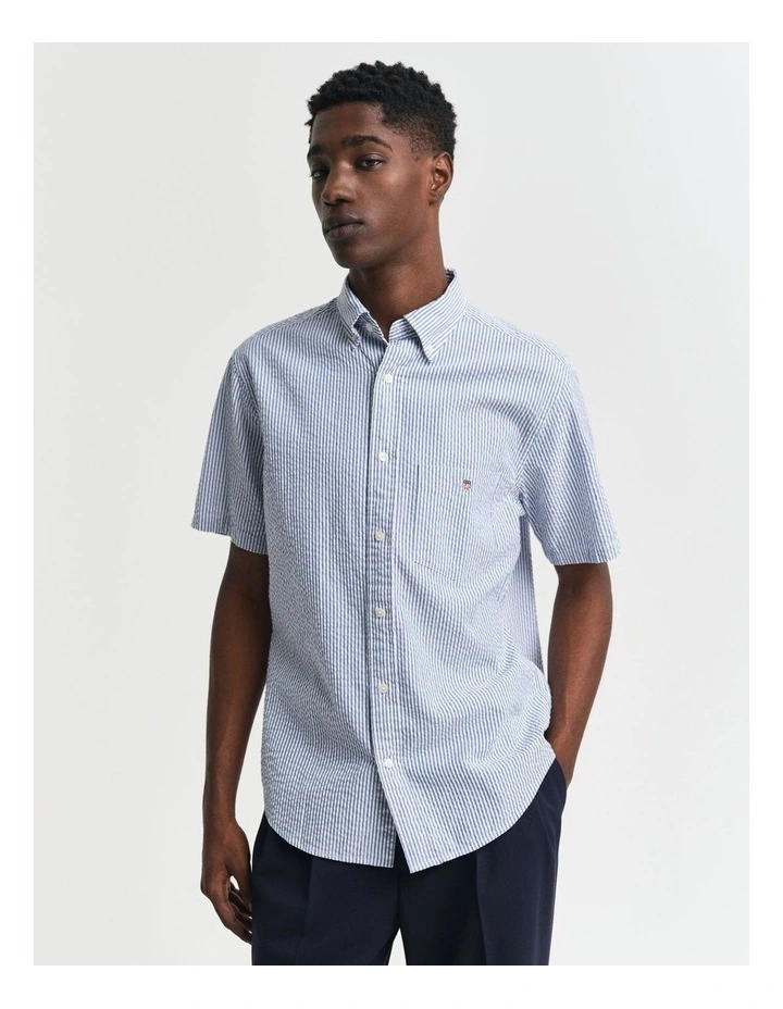 Regular Fit Striped Short Sleeve Seersucker Shirt in Rich Blue image 3
