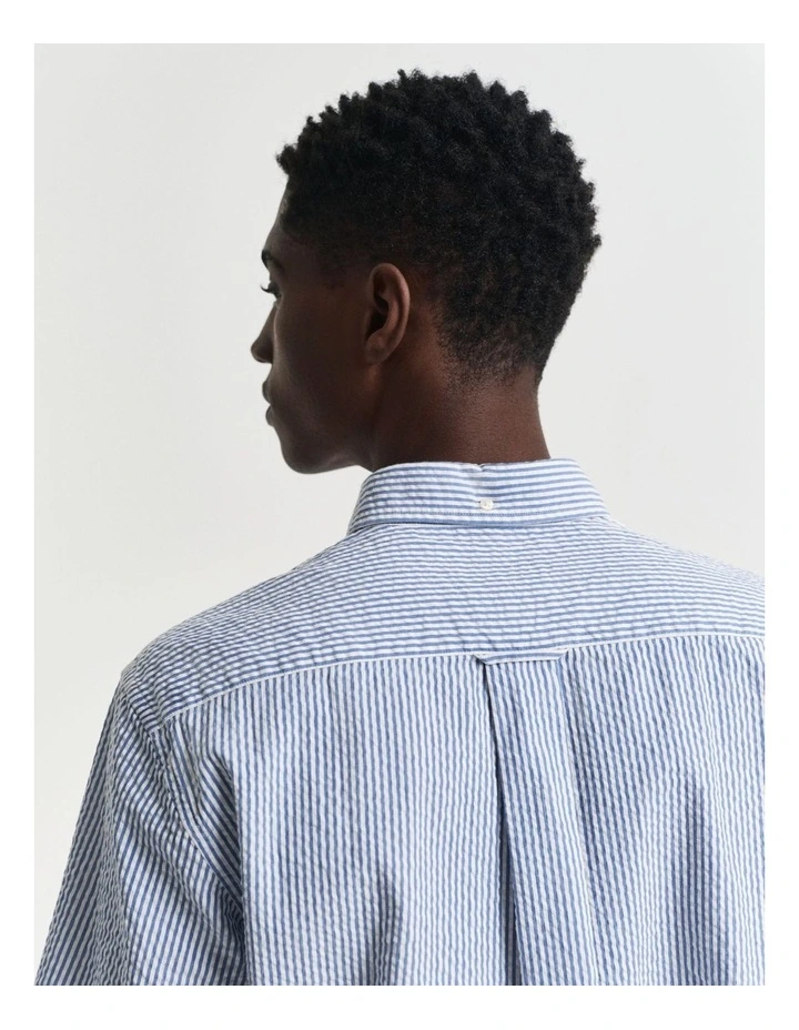 Regular Fit Striped Short Sleeve Seersucker Shirt in Rich Blue image 5
