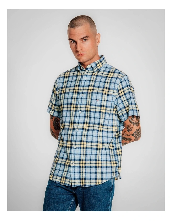Regular Fit Linen Check Short Sleeve Shirt in Banana Yellow image 3