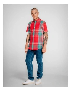 Regular Fit Short Sleeve Madras Shirt in Watermelon Red