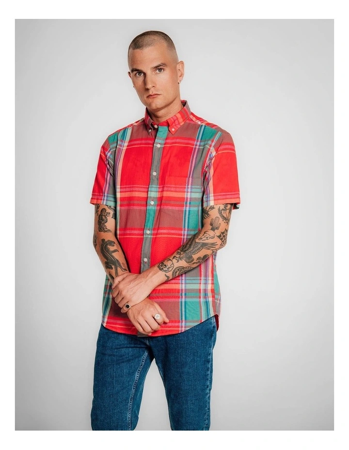 Regular Fit Short Sleeve Madras Shirt in Watermelon Red image 3