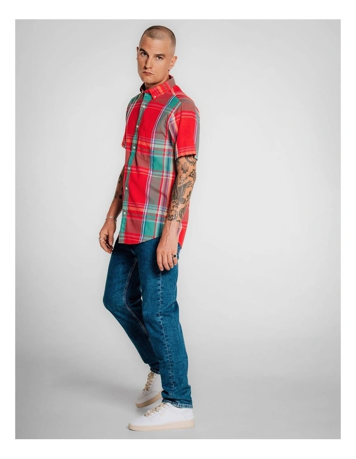 Regular Fit Short Sleeve Madras Shirt in Watermelon Red image 4