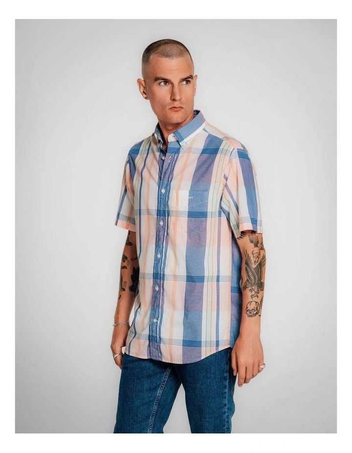 Regular Fit Short Sleeve Madras Shirt in Eggshell image 4