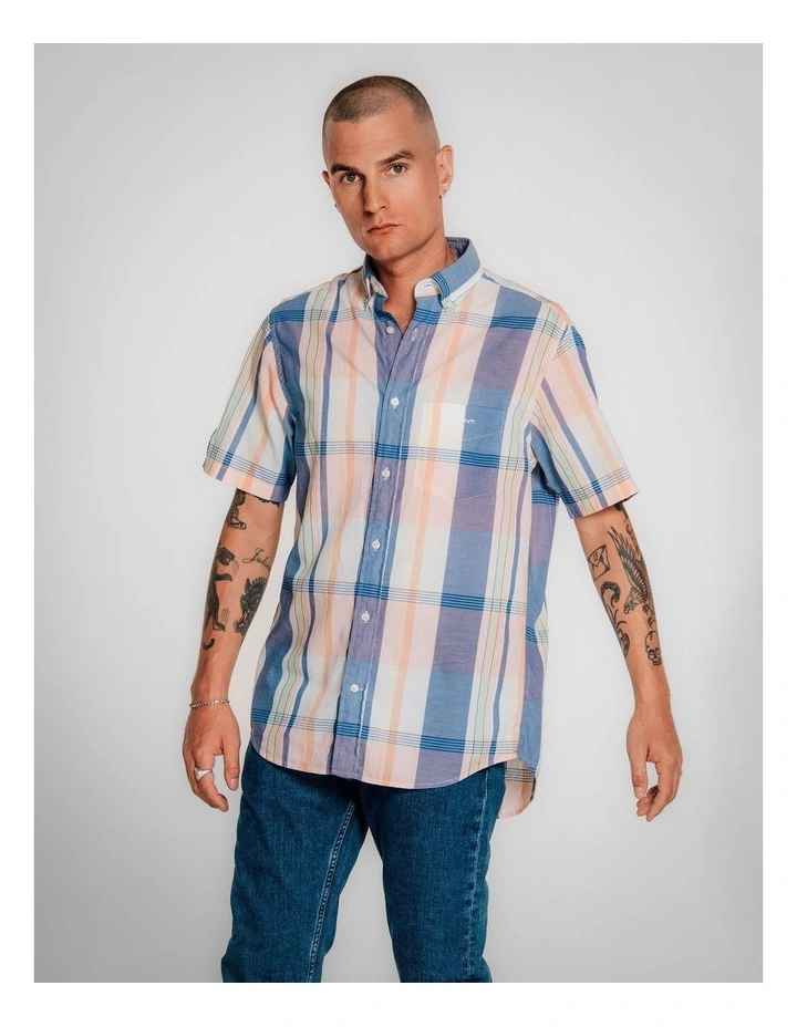 Regular Fit Short Sleeve Madras Shirt in Eggshell image 5