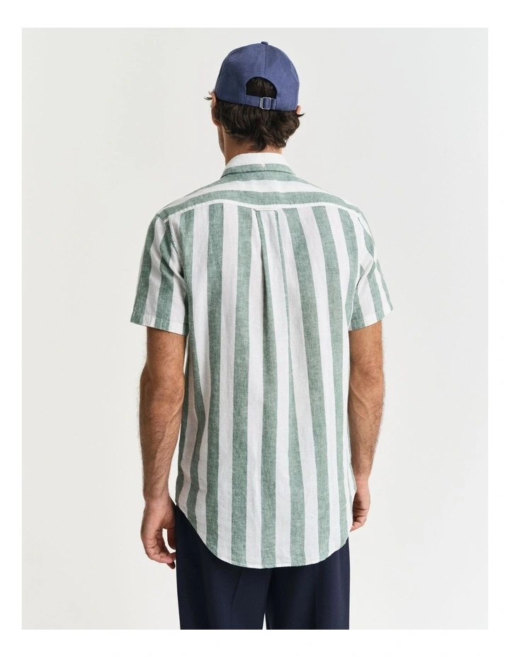 Regular Fit Striped Cotton Linen Short Sleeve Shirt in Woody Green image 2