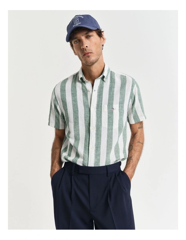 Regular Fit Striped Cotton Linen Short Sleeve Shirt in Woody Green image 3