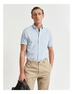 Regular Fit Cotton Linen Short Sleeve Shirt in Fresh Blue