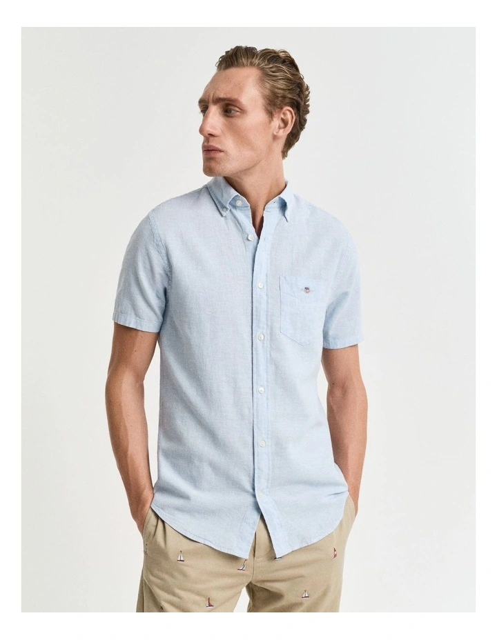 Regular Fit Cotton Linen Short Sleeve Shirt in Fresh Blue image 3
