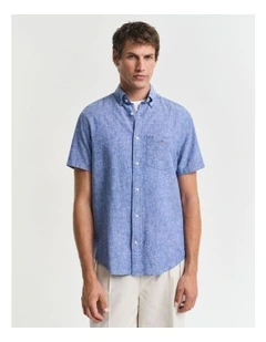 Regular Fit Cotton Linen Short Sleeve Shirt in Rich Blue