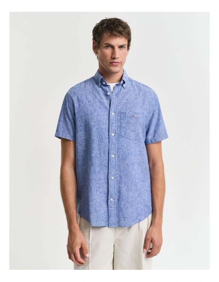 Regular Fit Cotton Linen Short Sleeve Shirt in Rich Blue image 1