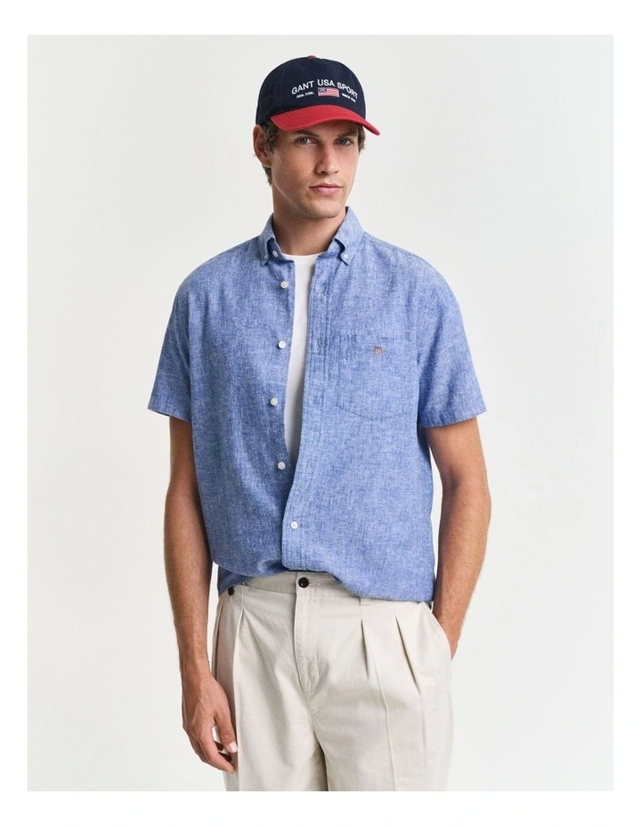 Regular Fit Cotton Linen Short Sleeve Shirt in Rich Blue image 3